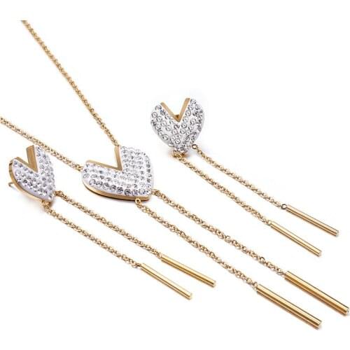 Necklance and Earrings jewelry set new creative heart-shaped CZ Stones long tassel set Valentines day gift