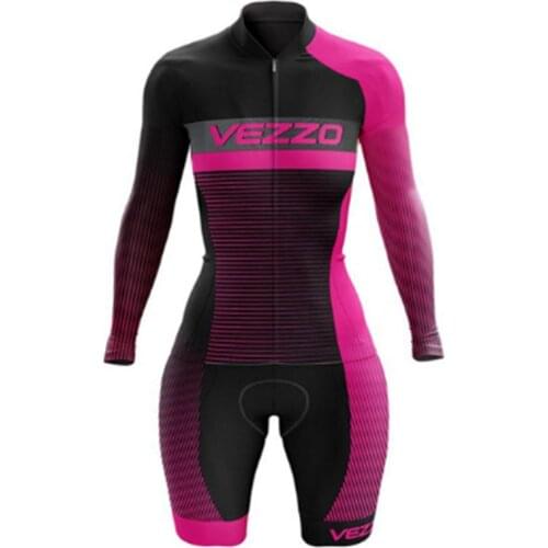 2021 VEZZO Professional Team Triathlon Monkey Set Womens Cycling Jersey One Piece Jumpsuit Long Sleeve Shorts Set 9D Rubber Pad