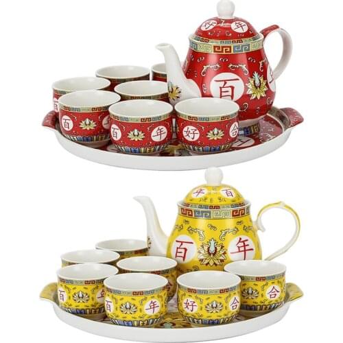 Red wedding tea set China Red Double Happiness wedding teapot teacup wedding gift yellow porcelain cup