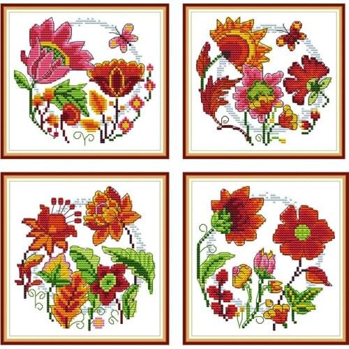 Circular Flower Cross Stitch Flowers Kits 11CT 14CT Printed Fabric Cross Stitch Sets for Embroidery Needlework Sets DMC Threads