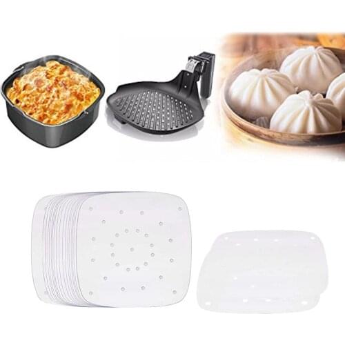 Square Air Fryer Papers Non-Stick Steamer Liners Premium Perforated Wood Pulp Steaming Basket Mat Baking Cooking Kitchen Tool