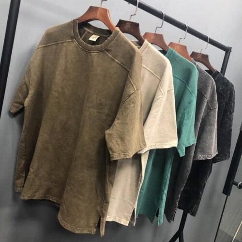 High Street Vintage T-Shirts Men O-Neck Collar Short Sleeve Loose Sweep Small Open Fork Casual High Quality Tops Male Summer