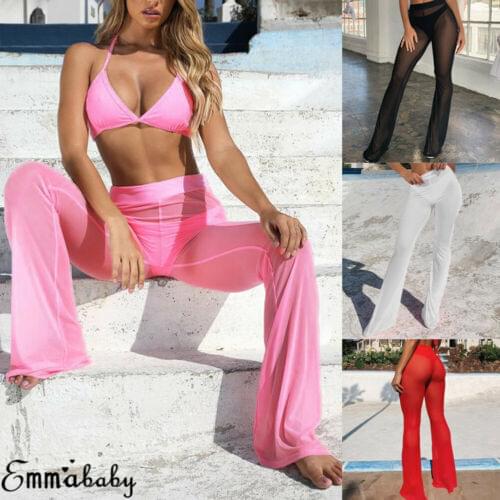 New Arrival Sexy Spring Summer Solid Women High Waist See Through Flared Leg Mesh Beach Long Pants Trousers