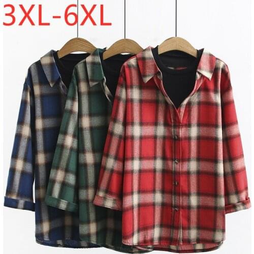 New 2021 Ladies Spring Autumn Plus Size Top For Women Large Long Sleeve Casual Cotton Button Red Plaid Shirt 3XL 4XL 5XL 6XL