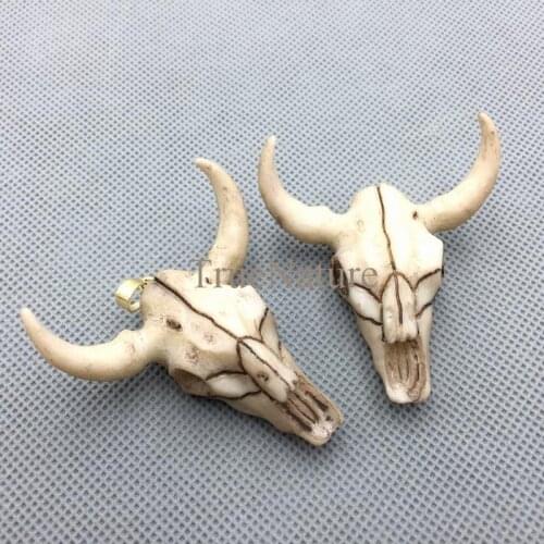 Wholesale Resin Buffalo Cattle Pendants For Necklace Cream Yellow Gold Electroplated Longhorn Charms In 46*44 mm PM4653