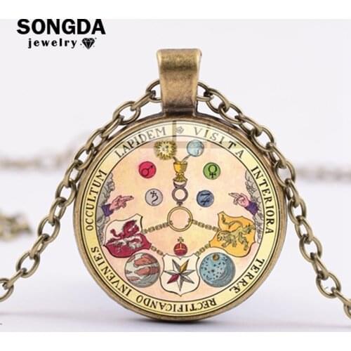 SONGDA The Ancient and Mystical Rosae Crucis Chain Necklace Rosicrucian Rose Alchemy Sign Cartoon Print Glass Cabochon Necklace