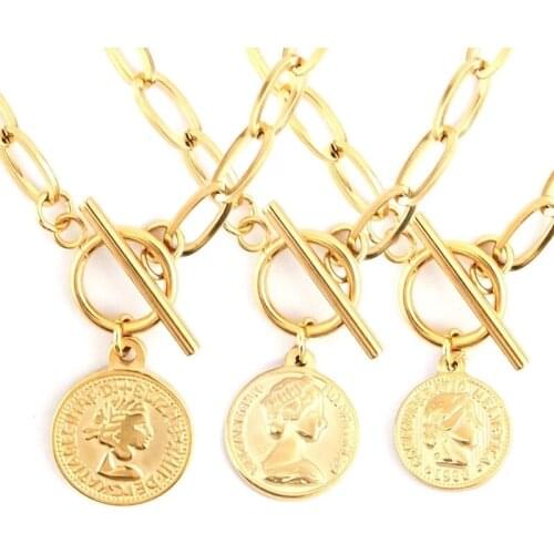 100% Stainless Steel Coin Necklace For Women Gold/Silver Color Metal Saint Benedict Cross Medal Toggle Necklaces Choker