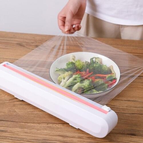 Plastic Food Wrap Dispenser with Slide Cutter Adjustable Cling Film Cutter Preservation Foil Storage Box Bottom Kitchen Tool