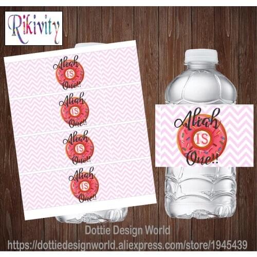 Custom Pink Donut Girl Birthday Party Water Bottle Wine Labels Candy Bar Wrapper Stickers Bridal Baby Shower Party Decoration