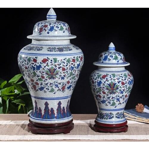 Five Color Ice Cracked Glaze Ceramic Ginger Jar with Lid decorate Ceramic Storage jar Chinese Style porcelain temple jar