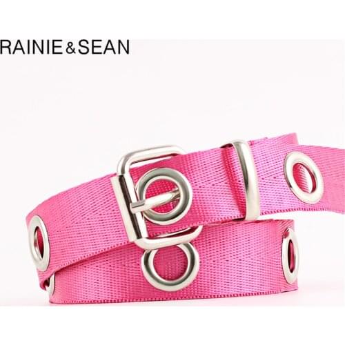 RAINIE SEAN Long Canvas Belt Women Pink Fashion Hollow Out Ladies Dress Belt Female Extra Long Belts Soft Belt Holes 120cm 140cm
