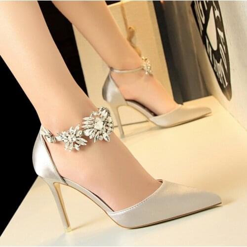 High heeled shoes womens shoes slim heels high heels Satin hollow shallow mouth pointed water drill straight belt sandals