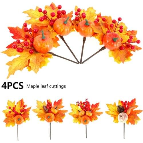 4pcs Artificial Maple Leaf Branch 9.8 inch Fall Simulation Pumpkin Branches Ornament Flower for DIY Halloween Thanksgiving Decor