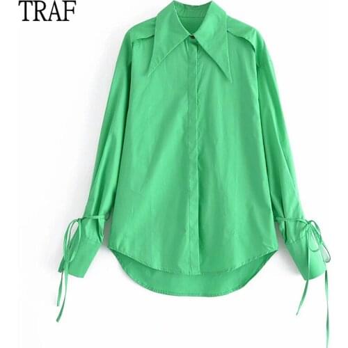 TRAF Za Green Women Shirts 2021 Spring Loose Womens Clothing Long Sleeve Top Womens Oversize Shirt Chic Buttons Top Female