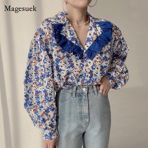 Spring Floral Retro Women Blouse Fashion Korean Hollow Out Lace Lapel Vintage Printed Shirt New Lantern Sleeve Loose Tops 14286