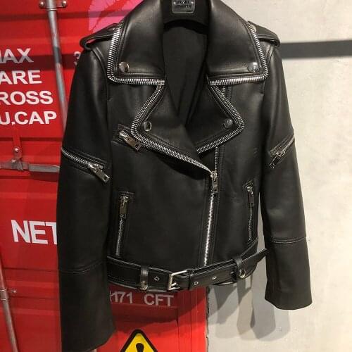 YOLOAgain Women Zipper Collar Black Genuine Leather Jacket Coat