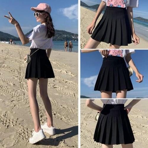 Women Girls Spring Summer High Waist Pleated Short Skirts A-style Thin Skirt College Black White Navy Pink Grey Mini Skirts Slim