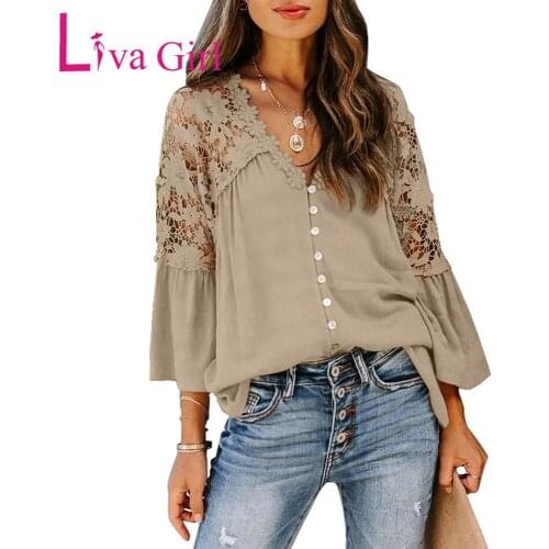 LIVA GIRL Plus Size Woman Crochet Lace Button Top 2021 Female Oversize Loose V-Neck Blouse Casual Solid Patchwork Pullover S-XXL