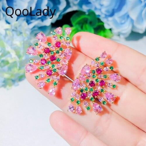 QooLady 2020 Symmetrical Aesthetic Cute Peacock Rose Red Pink Cubic Zirconia Stone Gold Exaggerated Stud Earrings for Women E164