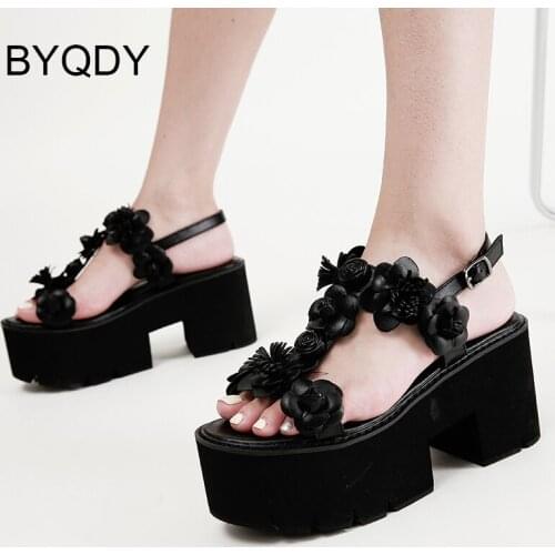 BYQDY Fashion Brand Open Toe Platform Chunky Heel Sandals Woman Floral Back Strappy Leisure Comfy Shoes Women Black White School