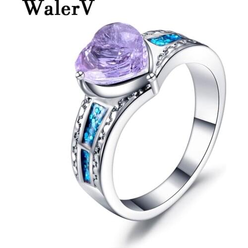 WalerV Color Ring for Women Set High Quality Imitation Blue Fire Opal Heart Shape Purple Crystal Zircon Wedding Ring Gift