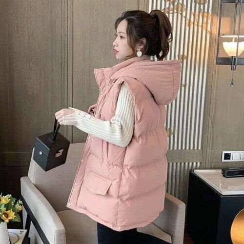 Autumn Winter Hooded Women Cotton Vest Jackets Casual Warm Thick Loose Waistcoat Female Sleeveless Solid Removable Hat Vest Coat