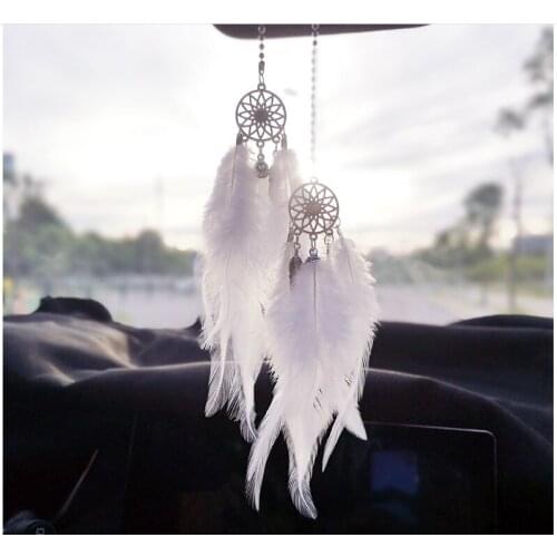 1pc Car Pendant Accessories Hand-woven Long Pendant Feather Dream Catcher Feather Mirror Hanging Pendant In Auto Interior Style
