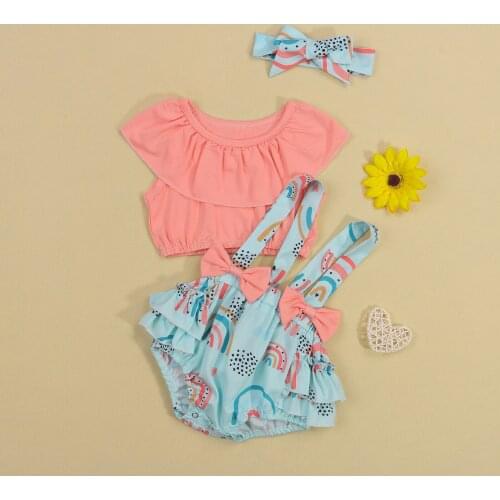 2021 Infant Sleeveless T-shirt + Romper Overalls + Turban, Bow Decoration, Rainbow Pattern Summer Clothing
