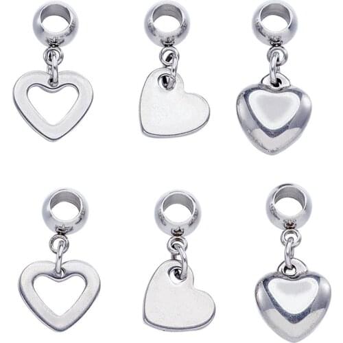30pcs Mixed Heart Shape 304 Stainless Steel European Large Hole Dangle Beads for DIY Earrings Making Stainless Steel Color