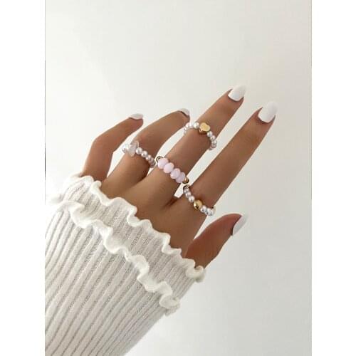 Stillgirl 4Pcs Boho Vintage Pearl Heart Rings for Women Charms Set Natural Stone Aesthetic Hip Hop Anillos Y2k Fashion Jewelry