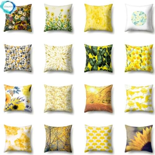 Yellow Bottom Leaves Plant Landscape Print Decorative Cushion Cover Polyester Throw Pillow Cover for Sofa Home Decor 45X45CM