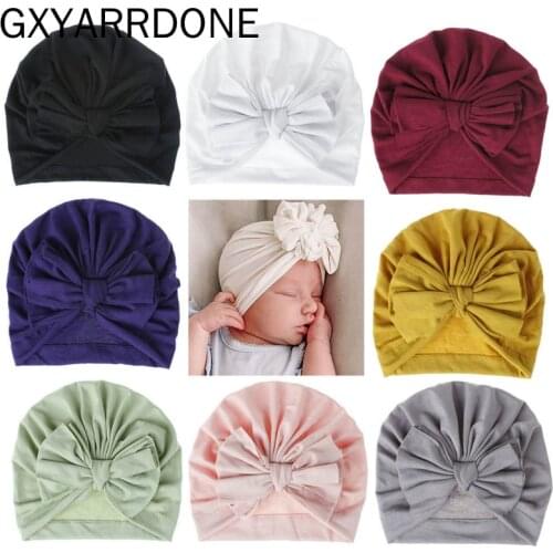 2019 Baby Cotton Turban Top Bownot Hat Kids Bebe Girl India Beanie Cap Lovely Soft Newborn Bows Headwear Accessories 18 Colors