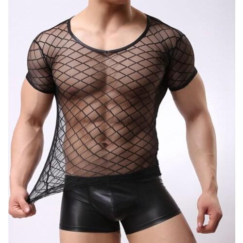 Men Undershirts Sexy Mesh Transparent Tops Erotic Fishnet Shirts Black Underwear Short Sleeve Gay T Shirts Bottoming Camiseta XL