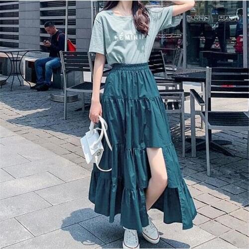 Elegant Women Autumn Long Skirt Elastic High Waist Ruffles Maxi Skirts A-line Irregular Feminino Skirts Vestidos Plus Size M-7XL