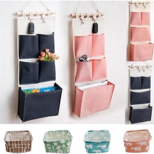 Canvas Printing Cotton Linen Hanging Storage Bag 5 Pockets Wall Mounted Wardrobe Hang Bag Wall Pouch Cosmetic Toys Organizer