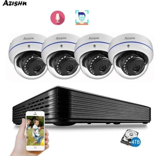 AZISHN H.265 4CH 5MP POE Security NVR Kit 2592X1944 Face Detect Audio IP66 Vandalproof DOME IP Camera CCTV Video Recorder Set
