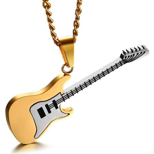 Fashion Cool Boy Punk Black 316L Stainless Steel Guitar Pendant Necklaces Men Women Couples Hip Hop Rock Jewelry