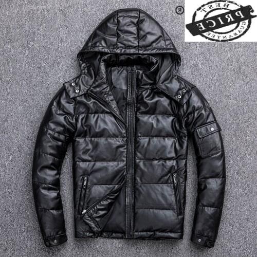 Leather 100% Genuine Duck Down Jacket Men Winter Clothes 2021 Streetwear Natural Real Sheepskin Down Coat Mens Leather Coat Hood