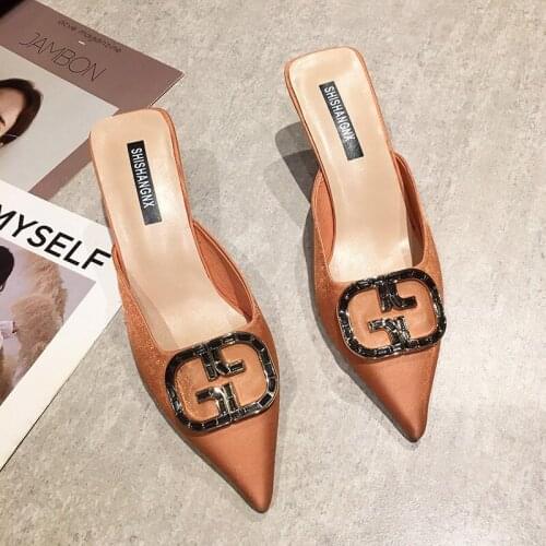 Crystal Summer Fashion High Heels PU Solid Mules Shoes for Women Indoor Outdoor Office Slippers Sexy Ladies Slides Heels Mules