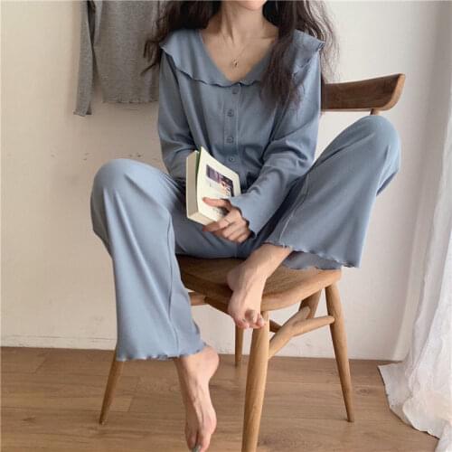 New Long Sleeve Pajamas for Women Sleepwear Pijamas Home Clothes Solid Color Pijamas Suit Women Long Sleeve Pants