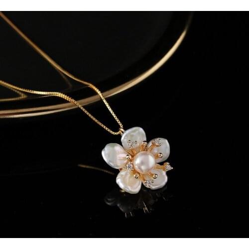 Handmade 925 sterling silver gold color necklace 100% freshwater pearl flower pendant necklace for women pearl necklace Wedding