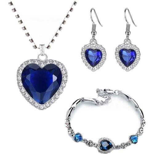 Titanic Heart of Ocean Necklaces for Women Peach Heart Blue Crystal Zircon Jewelry Sets Female Wedding Engagement Jewelry