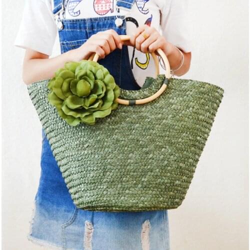 Rattan Handle Woven Flower Straw Bag Women Casual Zipper Large-Capacity Handbag WomenS Korean Fashion Handbag Woman New 2021