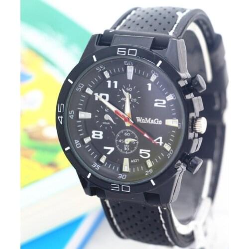 Stitching silicone rubber hole band,black plating marker case,three eyes imprint dial,womage man quartz fashion watches,921