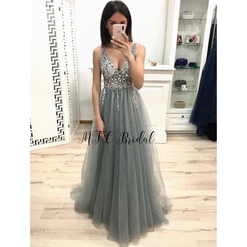Luxury Crystals Sliver Dubai Evening Dress V Neck A Line Illusion Long Prom Gowns 2019 Custom Made Vestido De Festa