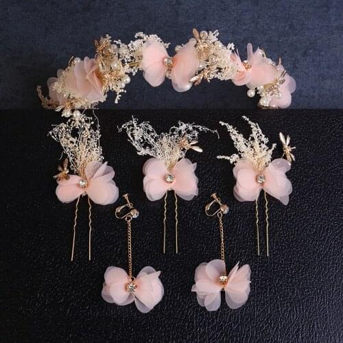 Bride headdress jewelry handmade earrings white pink wreath hair band headdress dance party wedding hair accessories gift earri