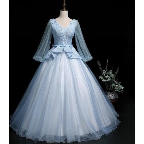 Fashion V-neck Lace Quinceanera Dresses Noble Tulle Full Sleeve Applique Ball Gown Floor Length Party Prom Formal Dress