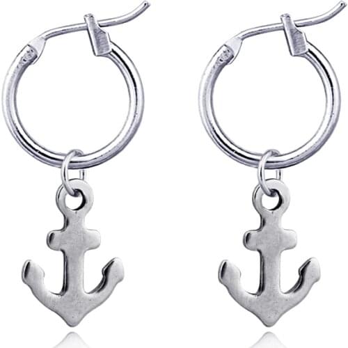 1 Pair European Cool Cute Anchor Small Hoop Earrings With Pandent Metal Color Simple Earring For Women Men Jewelry E636-T2