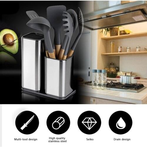 2pcs Stainless Steel Kitchen Knife Holder + Kitchen Utensil Holder Set Knife Stand Organizer Block Sooktops Tube Shelf Busket