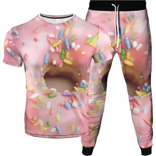 Cartoon Food Dount Unicorn Cloud Rainbow Ice Cream Star Printed Men Women Fashion Tracksuit T-Shirt+Trousers 2Pcs Sets Plus Size